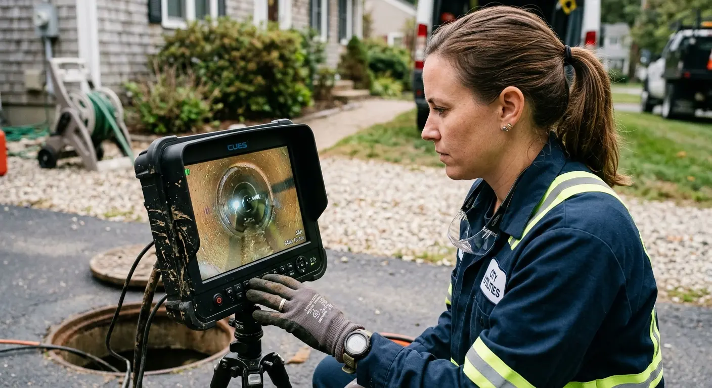 Technician reviewing sewer camera inspection footage in Lindsay