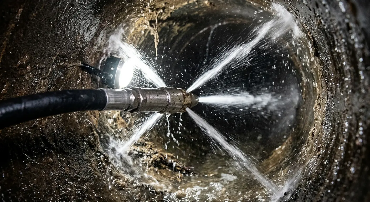 High-pressure hydro jetting nozzle cleaning sewer pipe for Sewer Cleanout in Lindsay