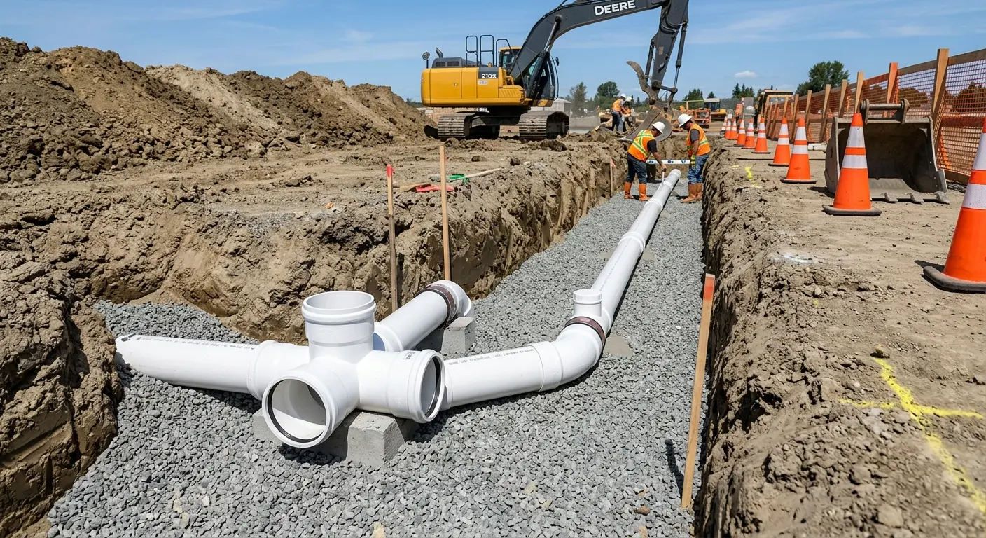 New PVC sewer pipe installation in open trench for Sewer Backup in Lindsay