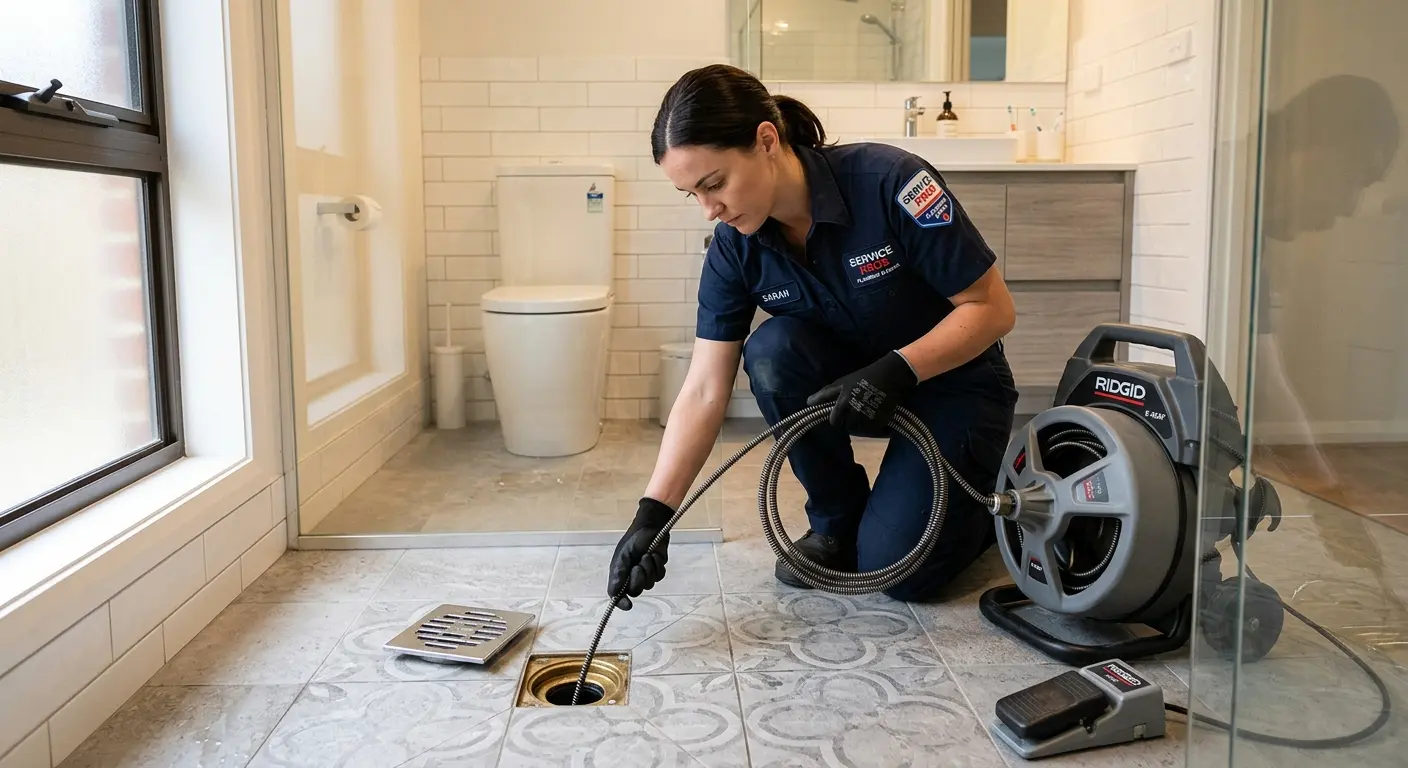 Technician clearing a bathroom floor drain for Sewer Line Replacement in Lindsay